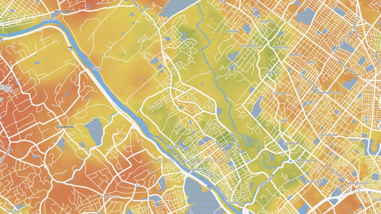 Bike Grade map of Roxborough, Philadelphia, PA