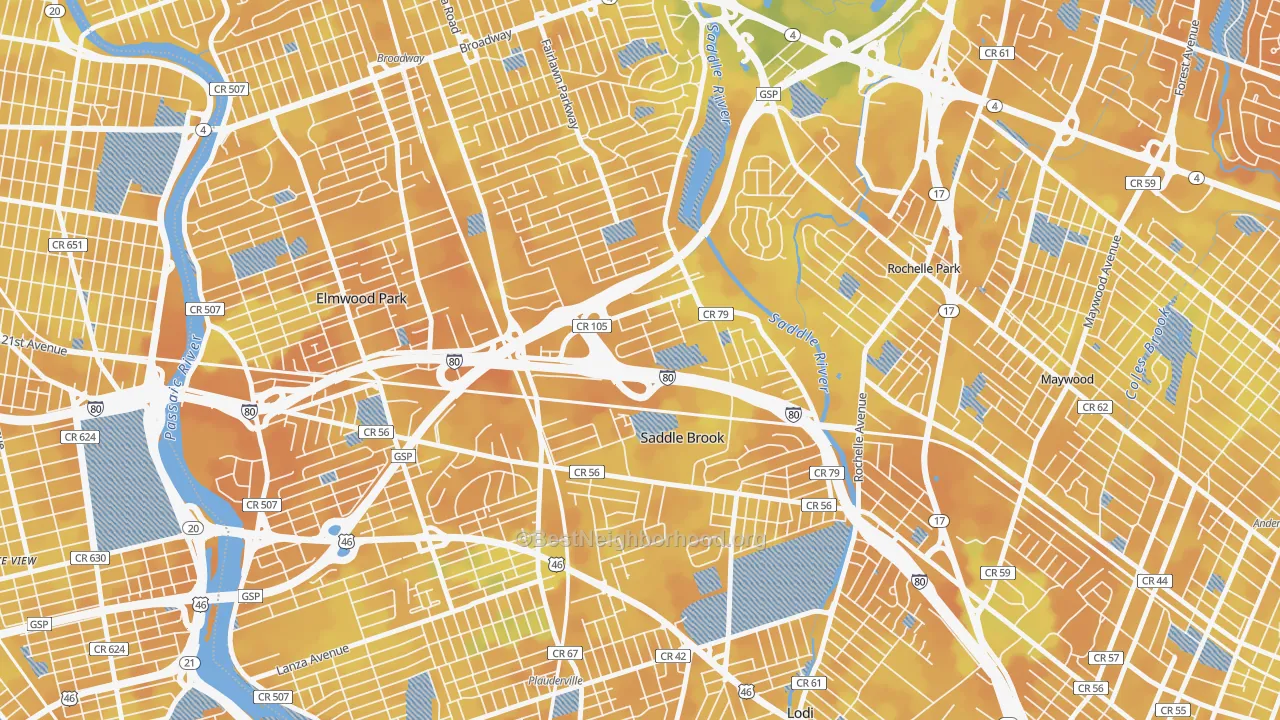 Bike Grade map of Saddle Brook, NJ