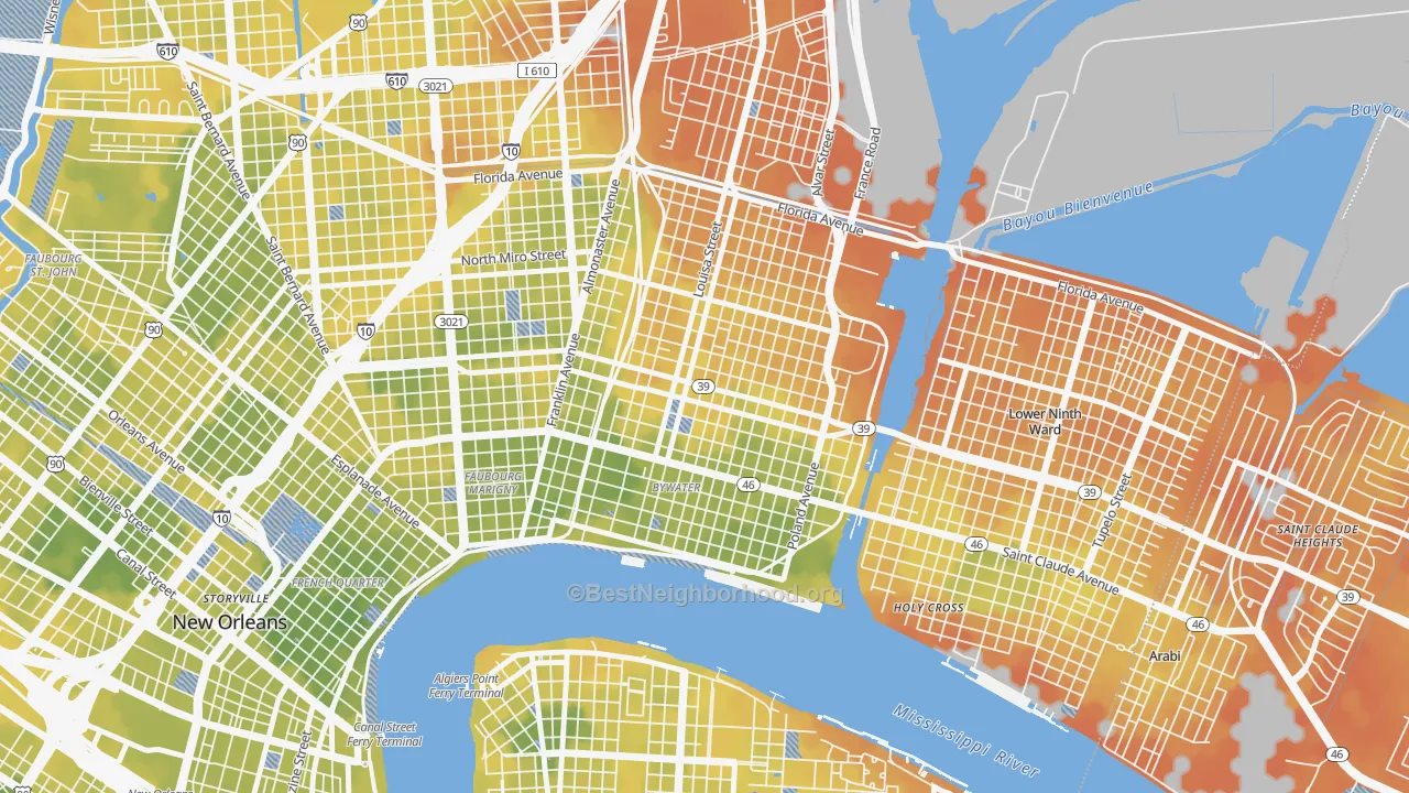 Bike Grade map of Saint Claude, New Orleans, LA