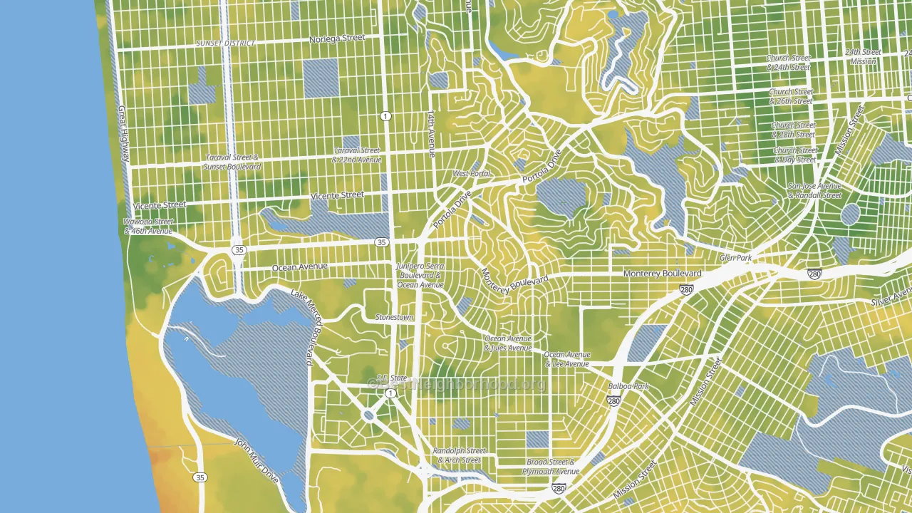 Bike Grade map of Saint Francis Wood, San Francisco, CA