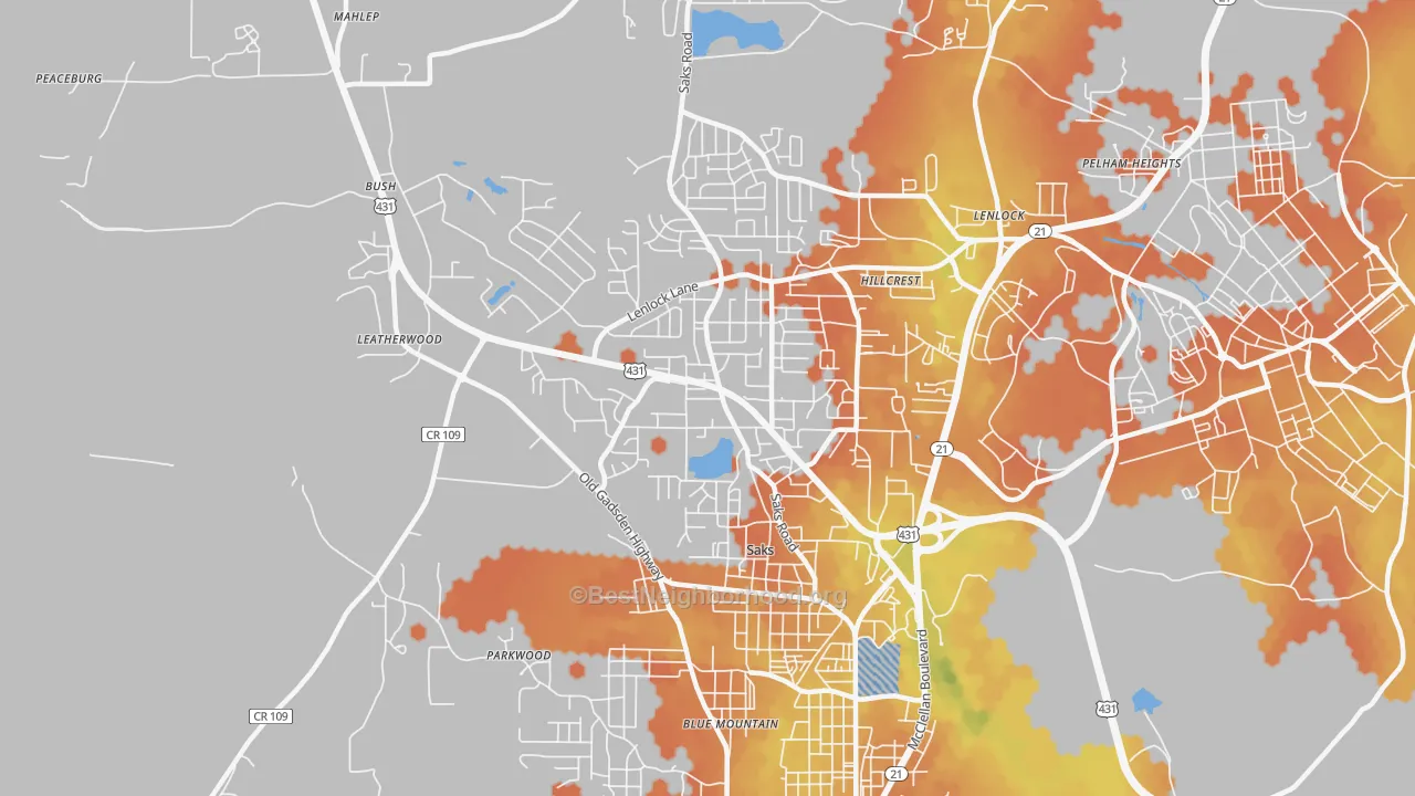 Bike Grade map of Saks, AL