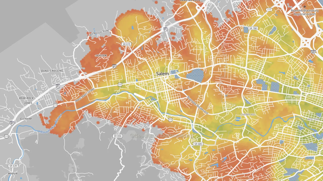 Bike Grade map of Salem City, VA