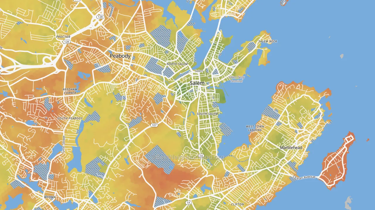 Bike Grade map of Salem, MA