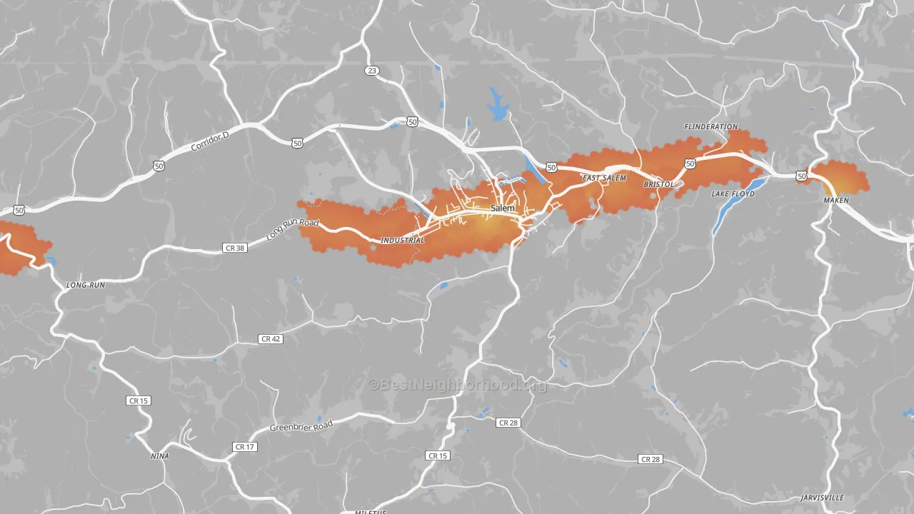 Bike Grade map of Salem, WV