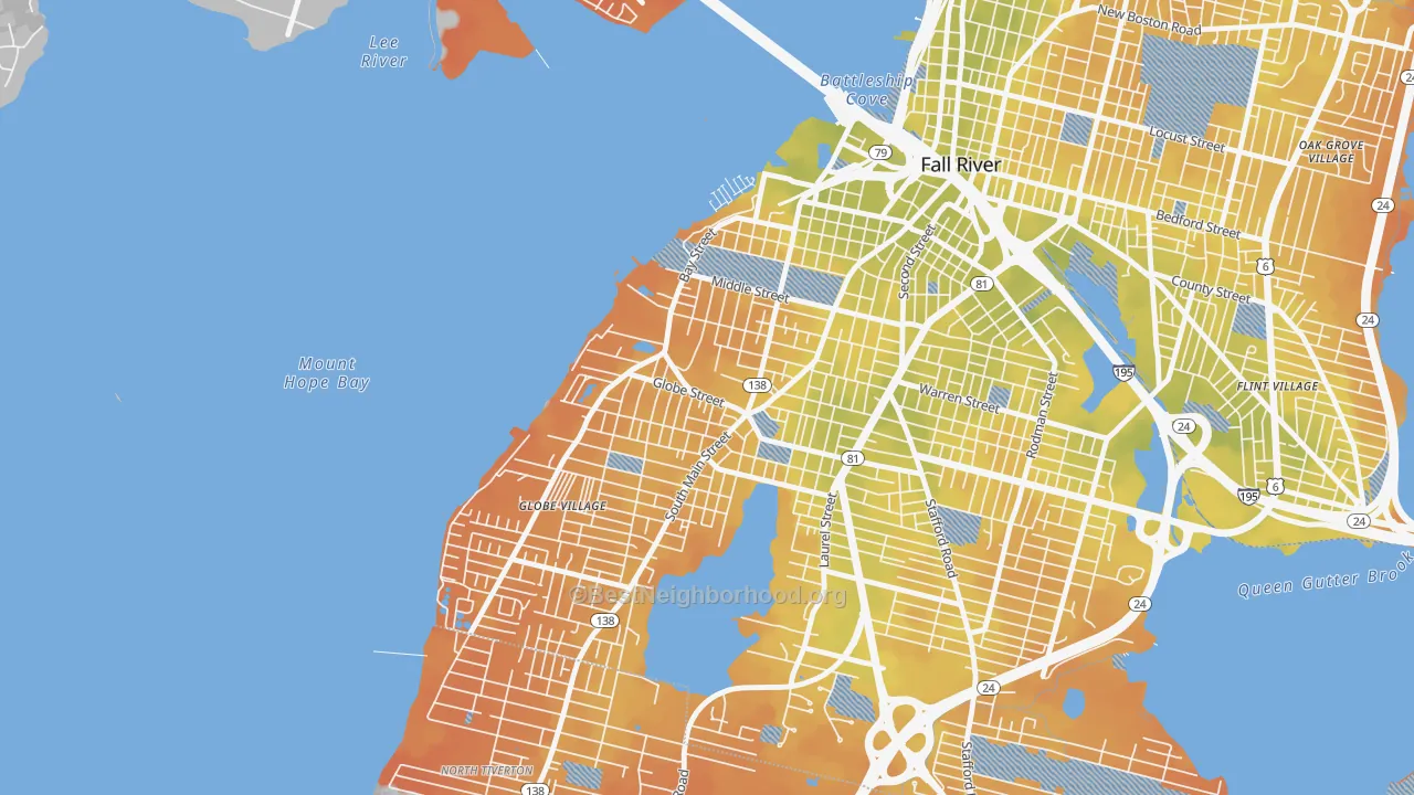 Bike Grade map of Sandy Beach, Fall River, MA