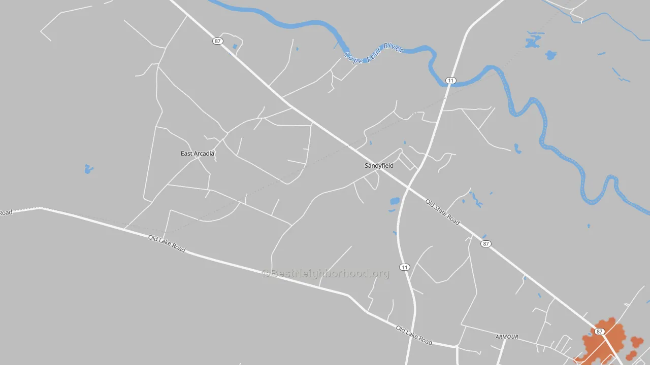 Bike Grade map of Sandyfield, NC