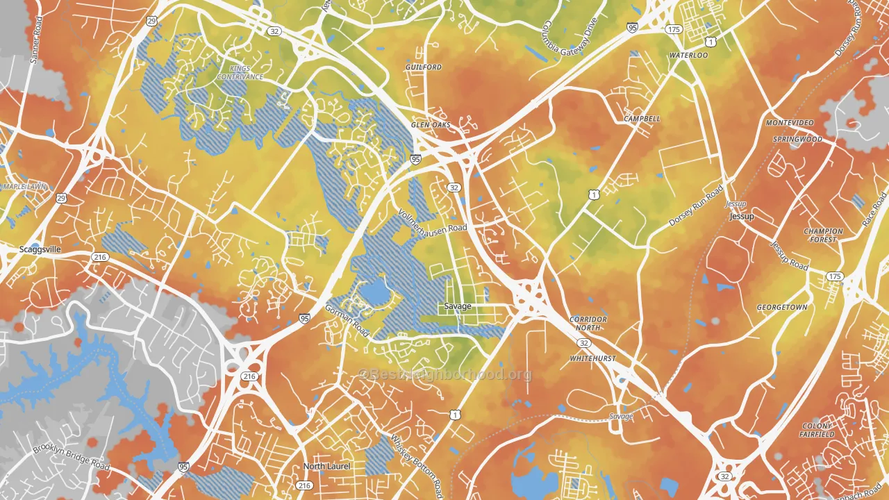 Bike Grade map of Savage-Guilford, Laurel, MD