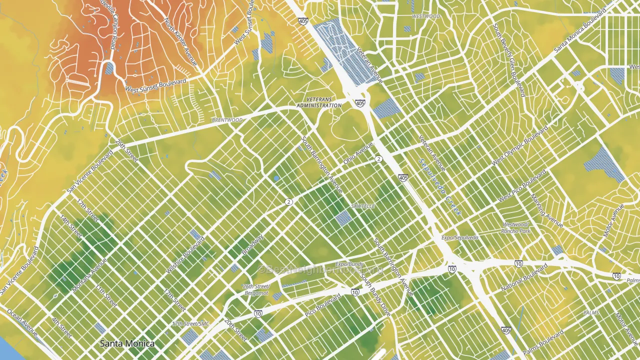 Bike Grade map of Sawtelle, Los Angeles, CA
