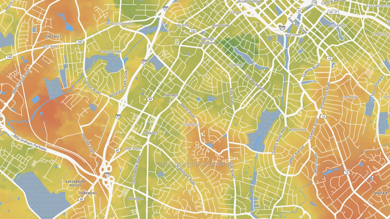 Bike Grade map of Sedgefield, Charlotte, NC