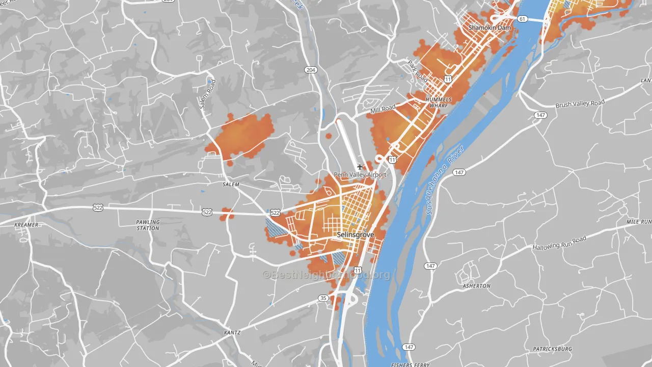 Bike Grade map of Selinsgrove, PA