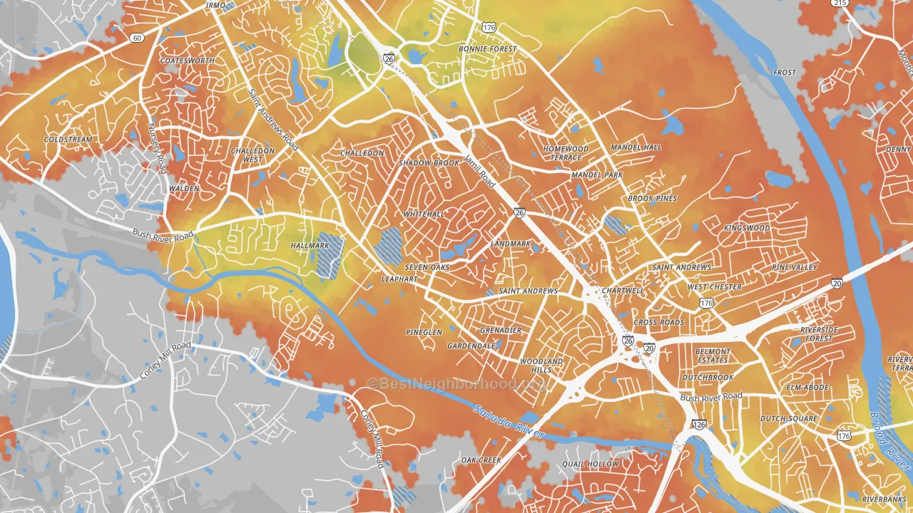 Bike Grade map of Seven Oaks, SC
