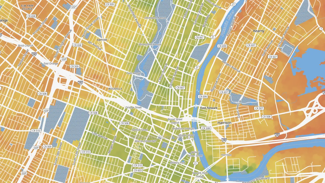 Bike Grade map of Seventh Avenue, Newark, NJ