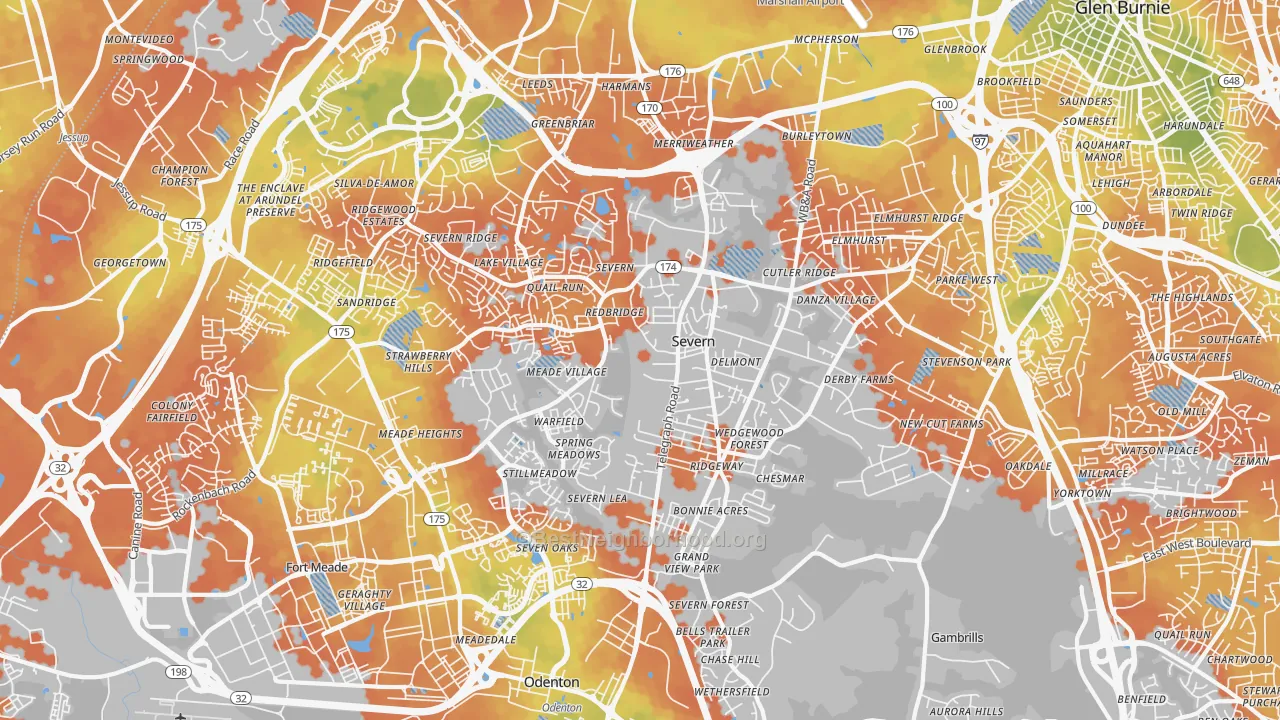 Bike Grade map of Severn, MD