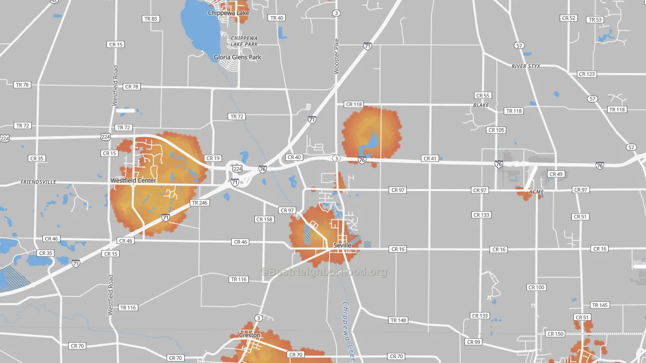 Bike Grade map of Seville, OH