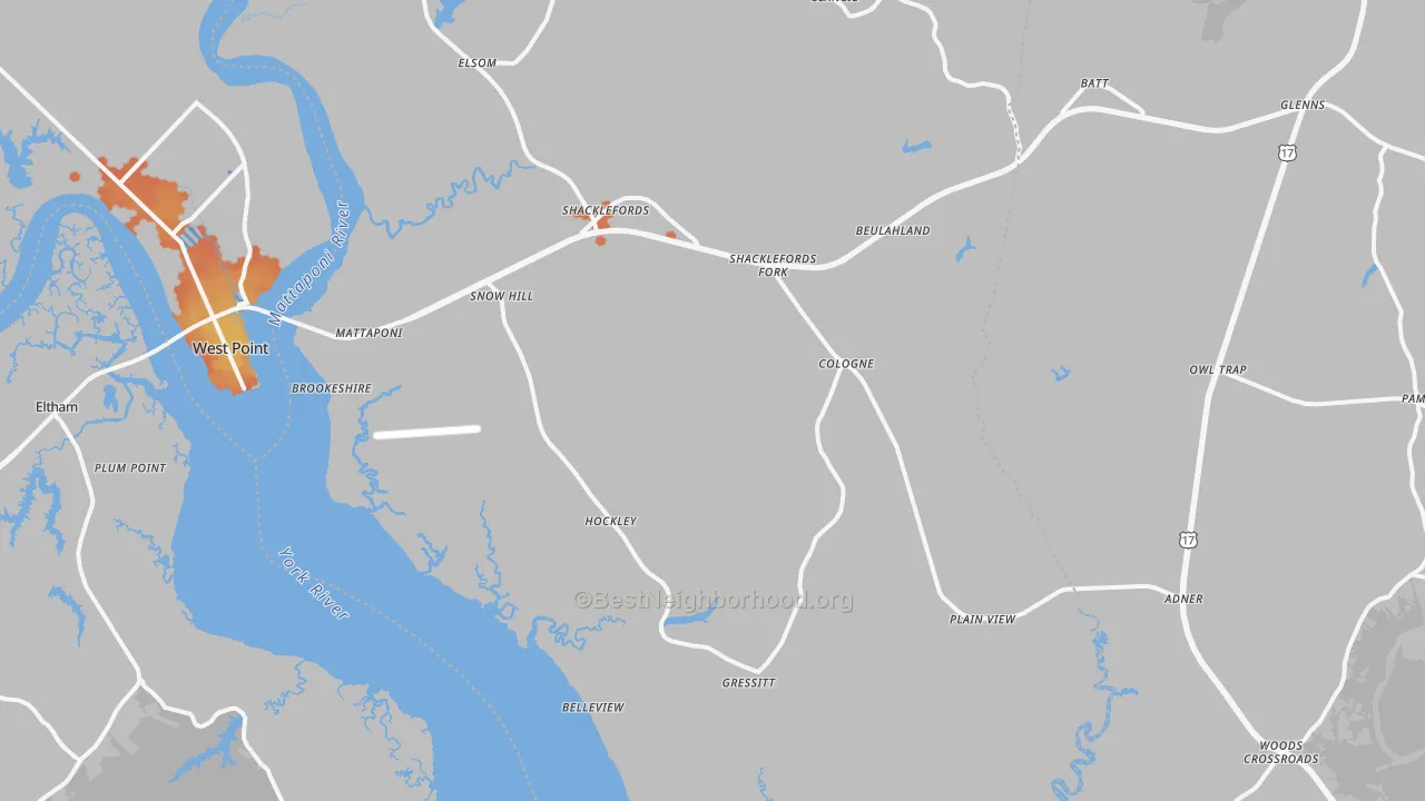 Bike Grade map of Shacklefords, VA