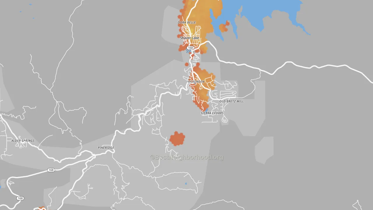 Bike Grade map of Shaver Lake Heights, CA