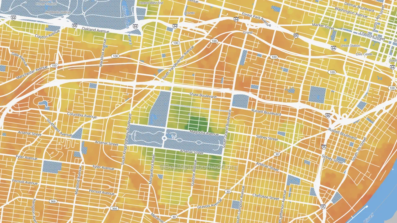 Bike Grade map of Shaw, St. Louis, MO