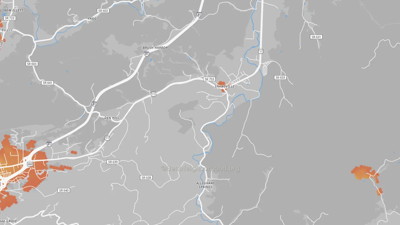 Bike Grade map of Shawsville, VA