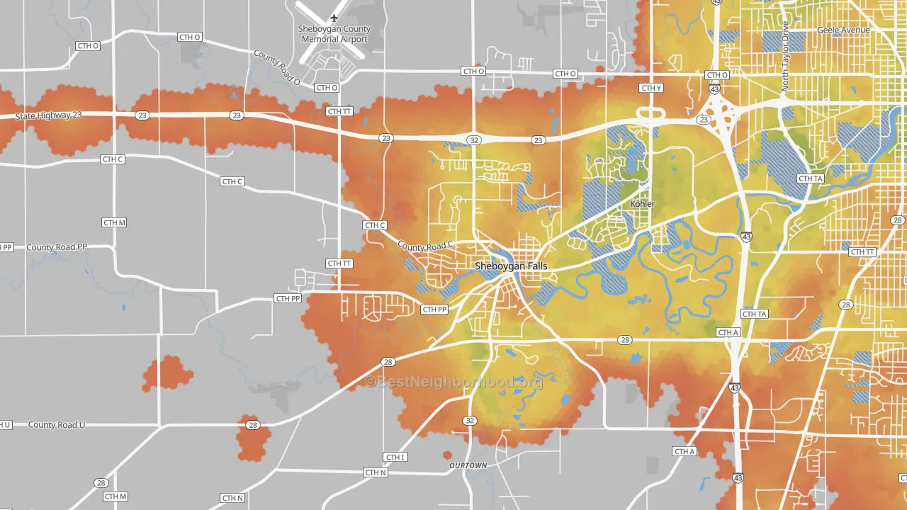 Bike Grade map of Sheboygan Falls, WI