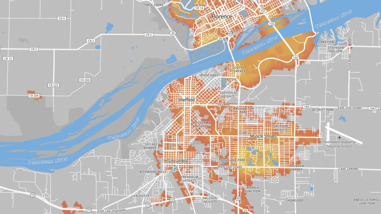Bike Grade map of Sheffield, AL