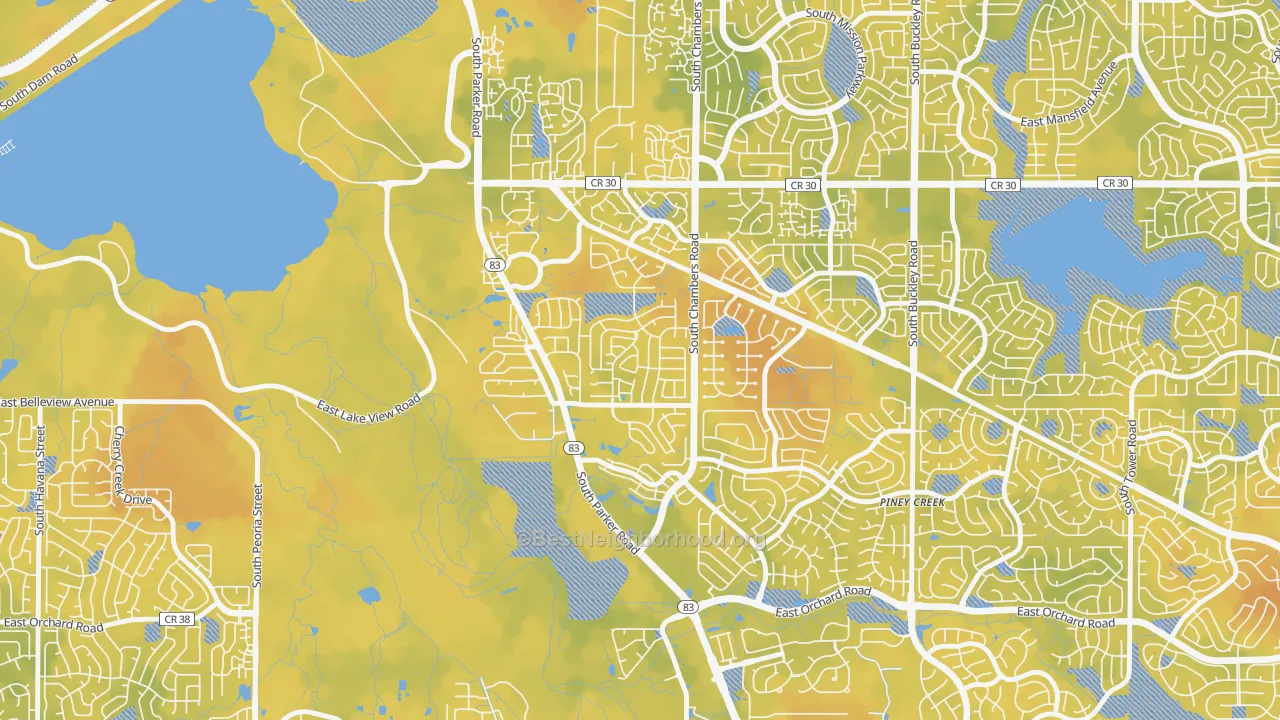 Bike Grade map of Shenandoah, Aurora, CO