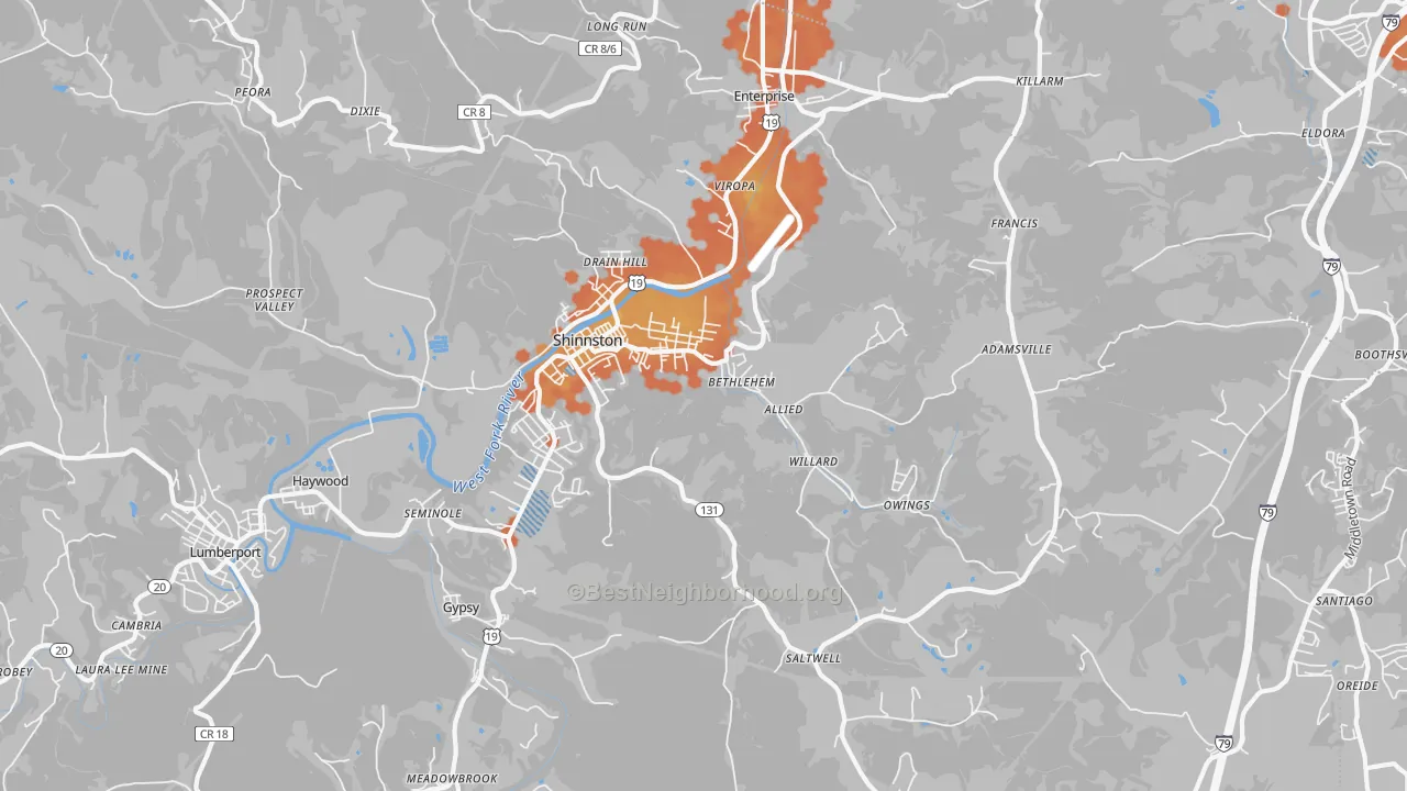Bike Grade map of Shinnston, WV
