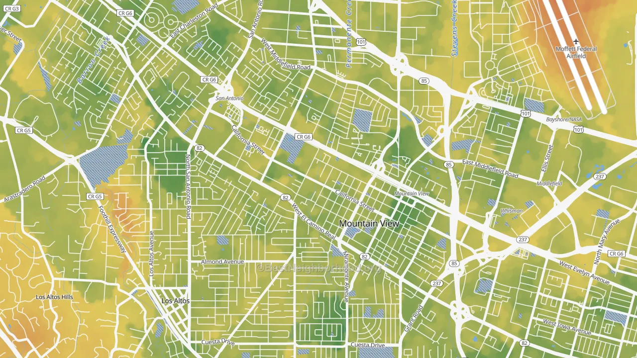 Bike Grade map of Shoreline West, Mountain View, CA