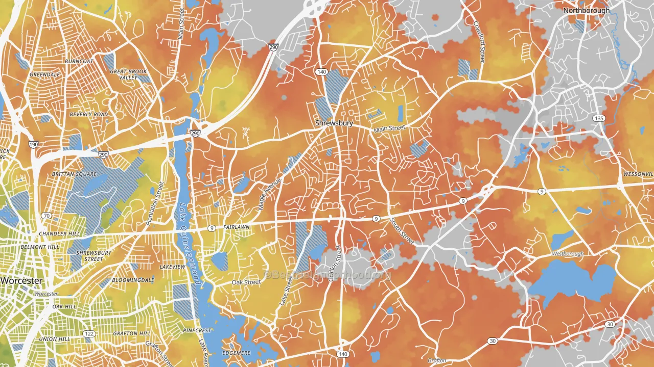 Bike Grade map of Shrewsbury, MA