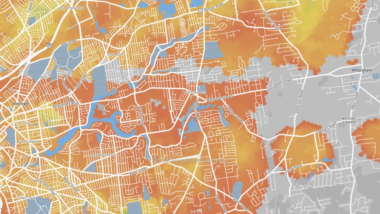 Bike Grade map of Sixteen Acres, Springfield, MA