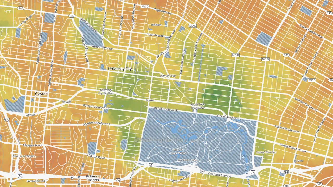 Bike Grade map of Skinker-Debaliviere, St. Louis, MO