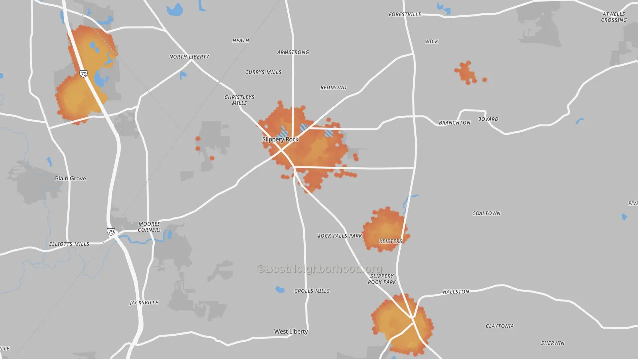 Bike Grade map of Slippery Rock, PA