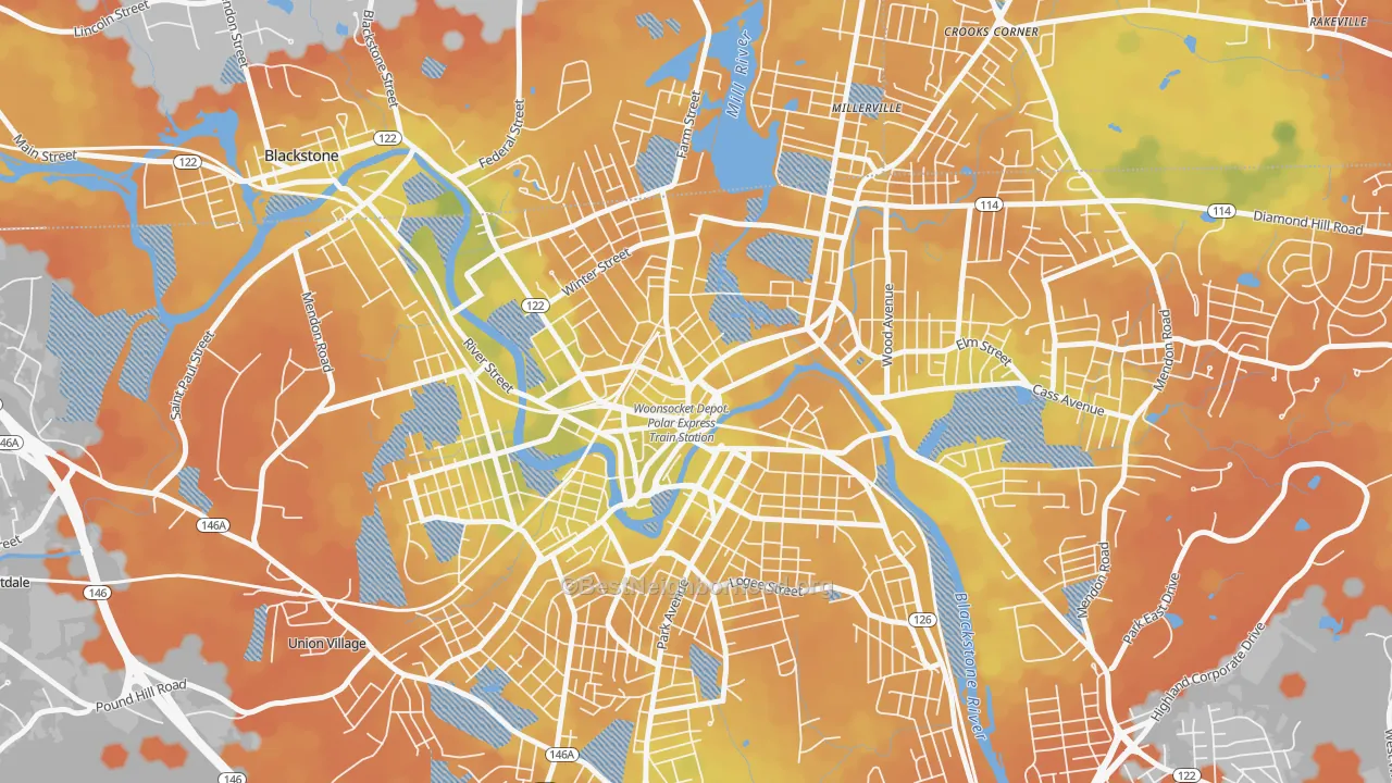 Bike Grade map of Social, Woonsocket, RI