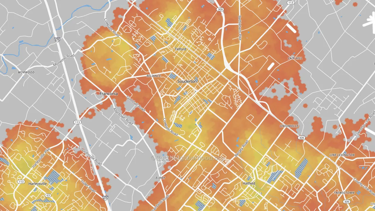 Bike Grade map of Souderton, PA