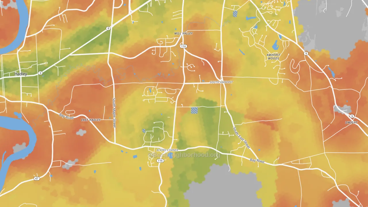 Bike Grade map of South Amherst, Amherst, MA