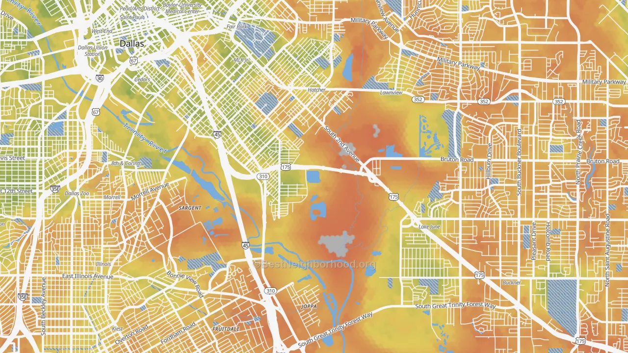 Bike Grade map of South Boulevard Park Row, Dallas, TX
