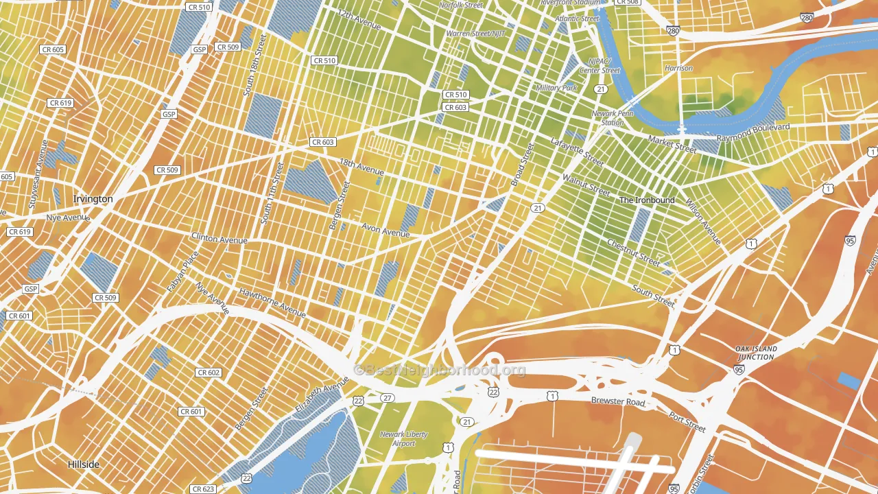 Bike Grade map of South Broad Street, Newark, NJ