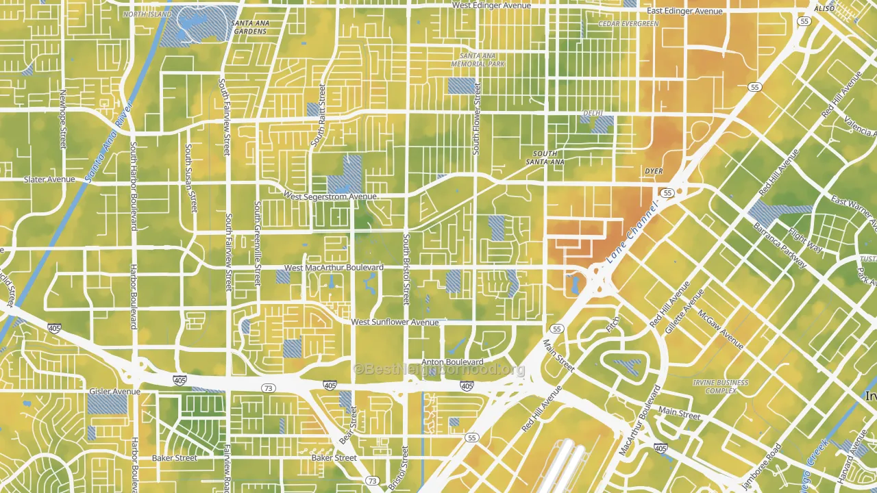 Bike Grade map of South Coast, Santa Ana, CA