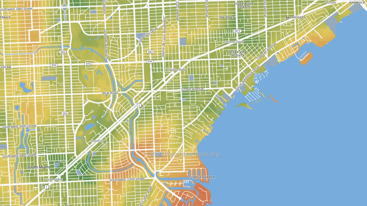 Bike Grade map of South Coconut Grove, Miami, FL