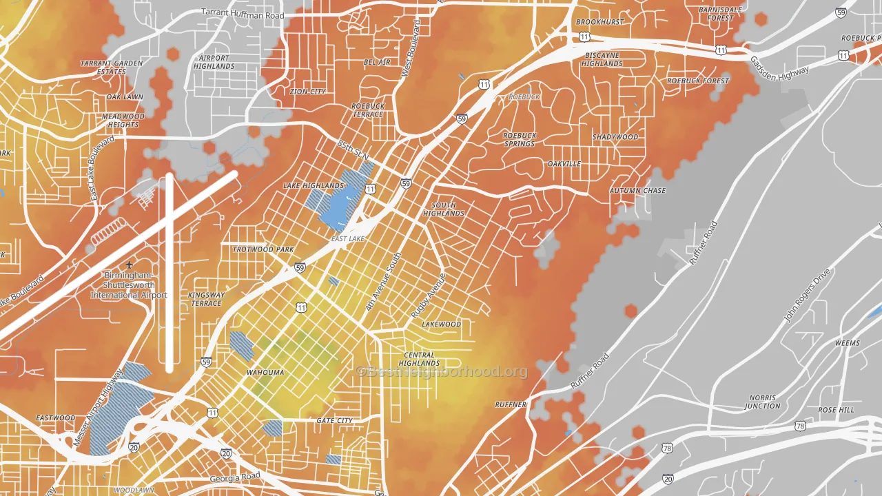 Bike Grade map of South East Lake, Birmingham, AL