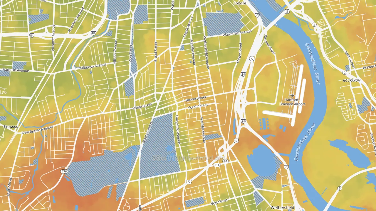 Bike Grade map of South End Hartford, Hartford, CT