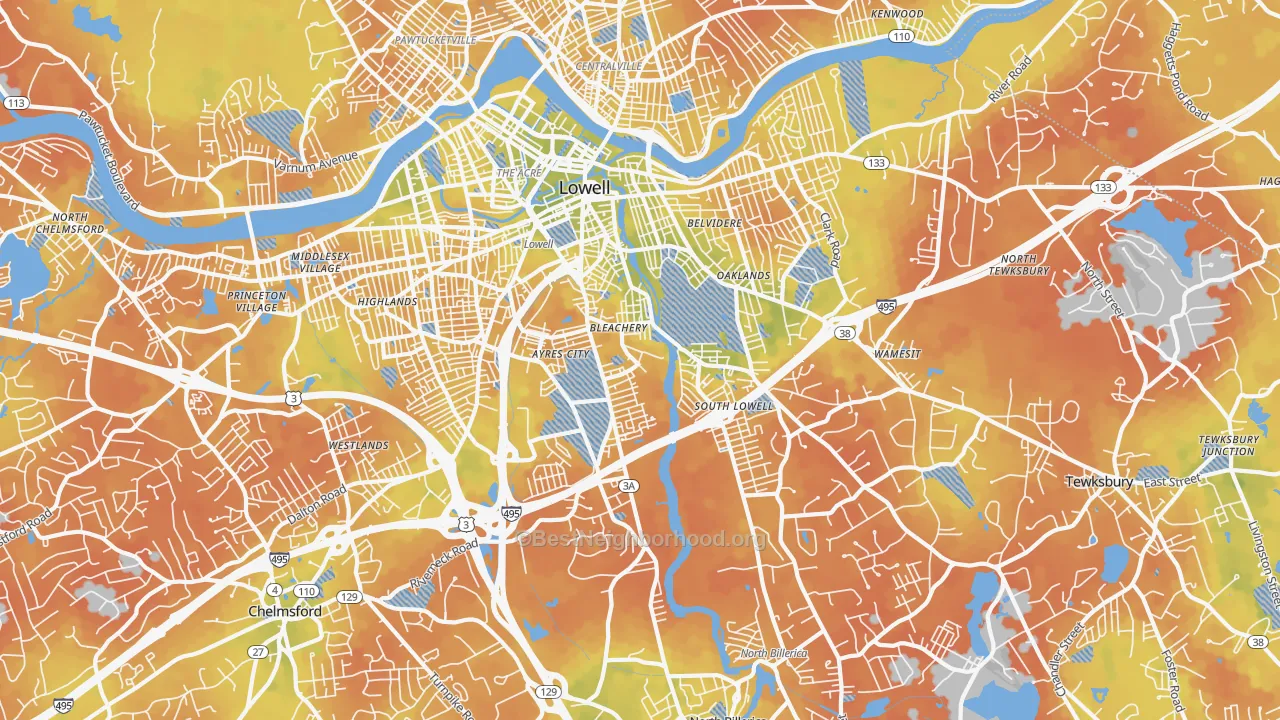 Bike Grade map of South Lowell, Lowell, MA