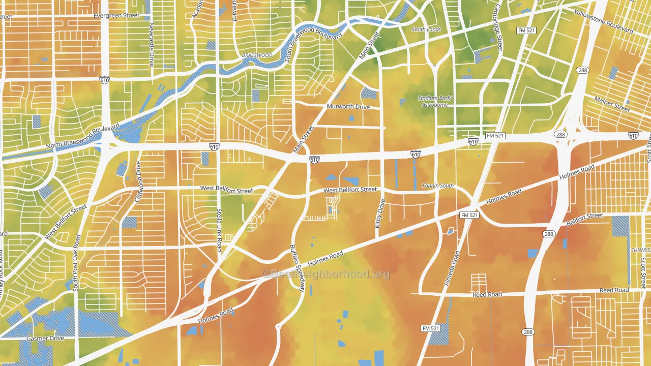 Bike Grade map of South Main, Houston, TX