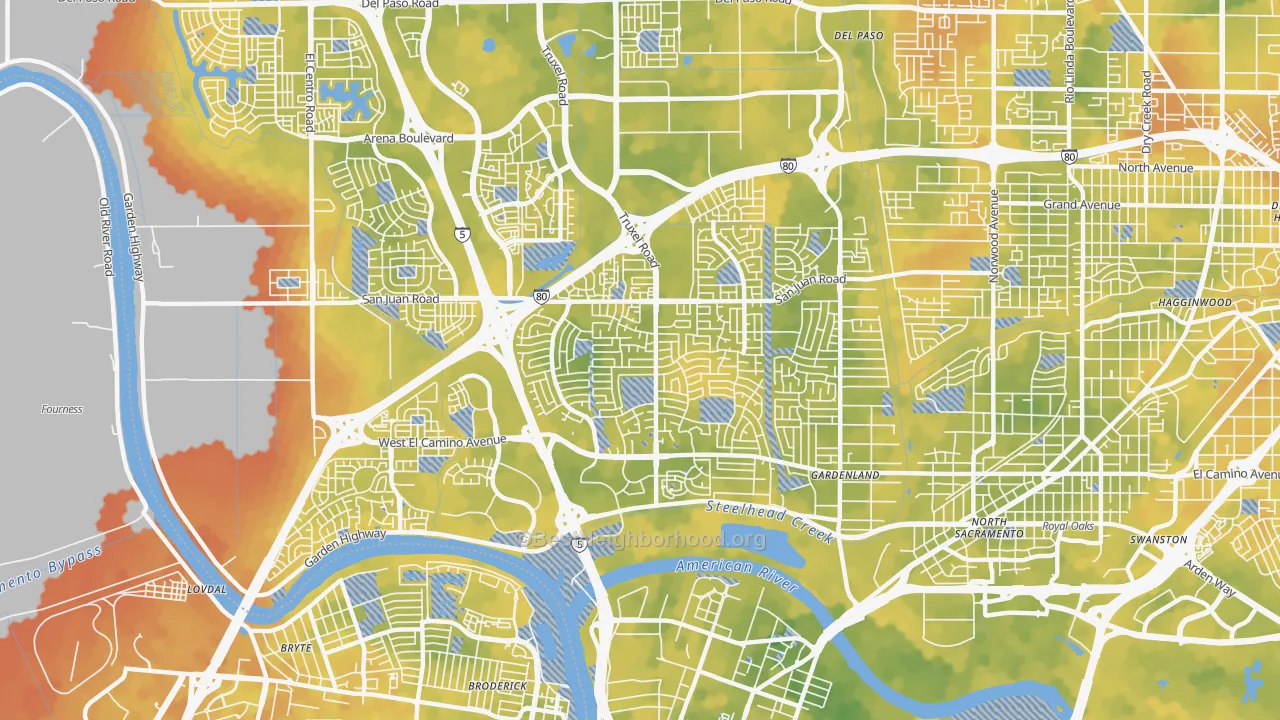 Bike Grade map of South Natomas, Sacramento, CA