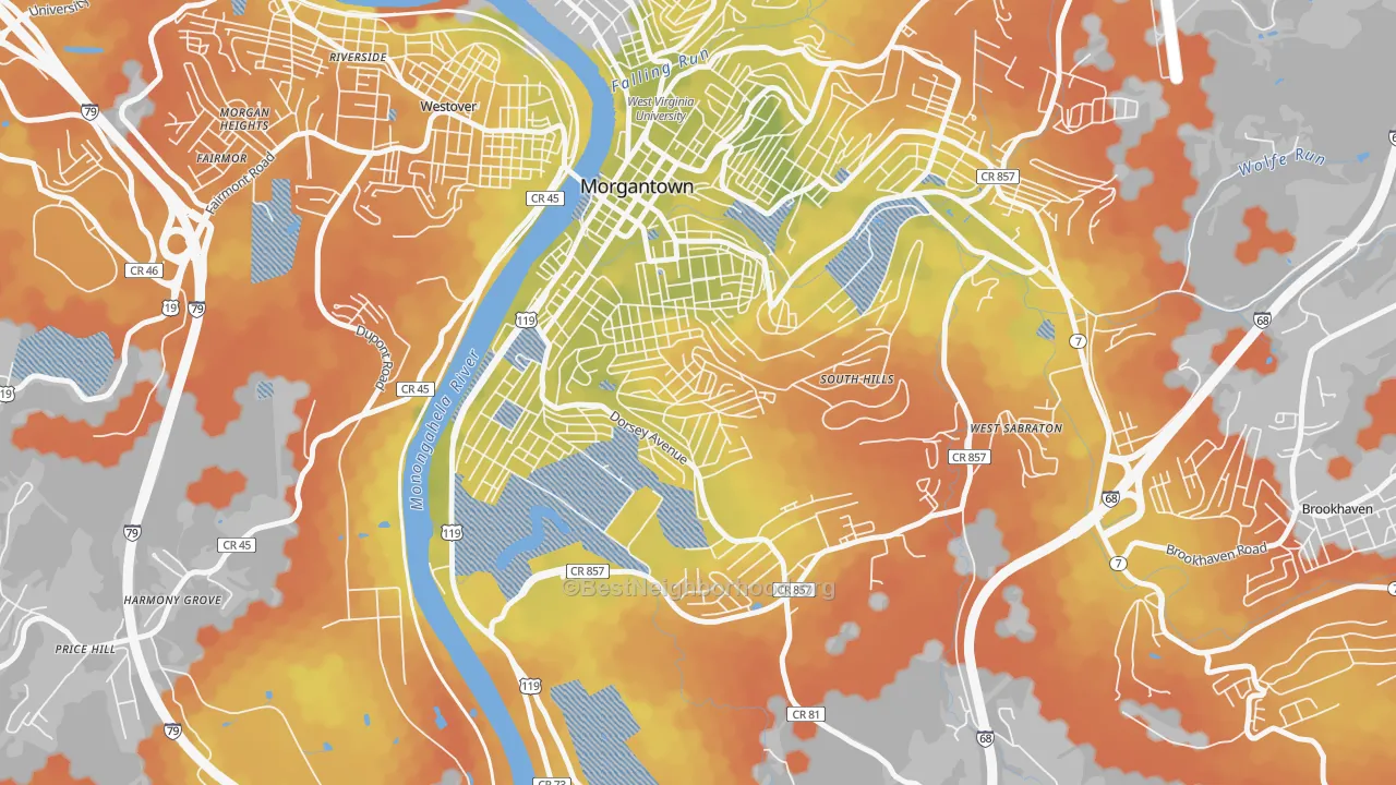 Bike Grade map of South Park, Morgantown, WV