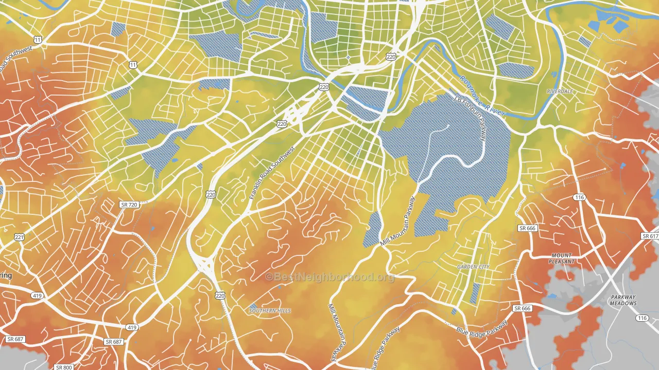 Bike Grade map of South Roanoke, Roanoke, VA