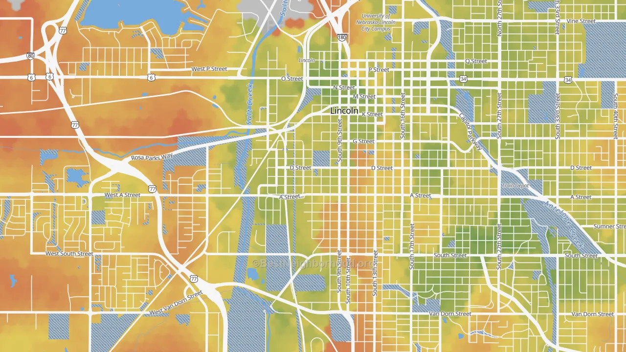 Bike Grade map of South Salt Creek, Lincoln, NE