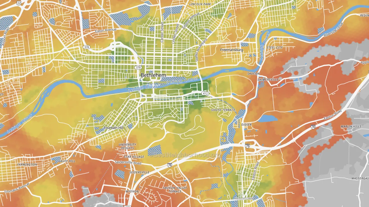 Bike Grade map of South Side, Bethlehem, PA