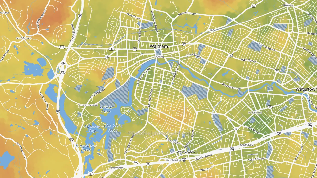Bike Grade map of South Side, Waltham, MA