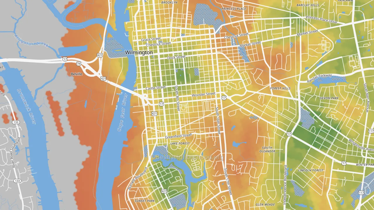 Bike Grade map of South Side, Wilmington, NC