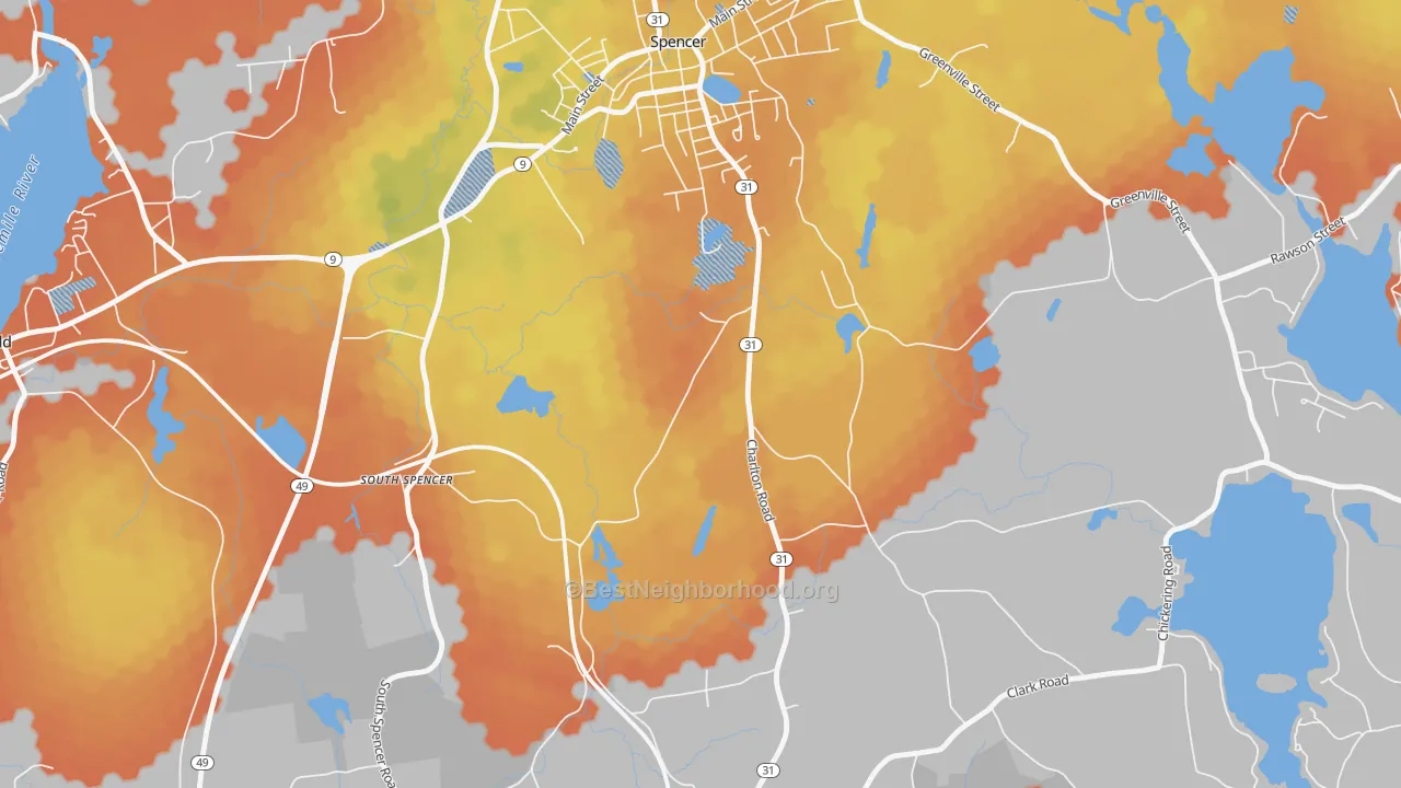 Bike Grade map of South Spencer, MA